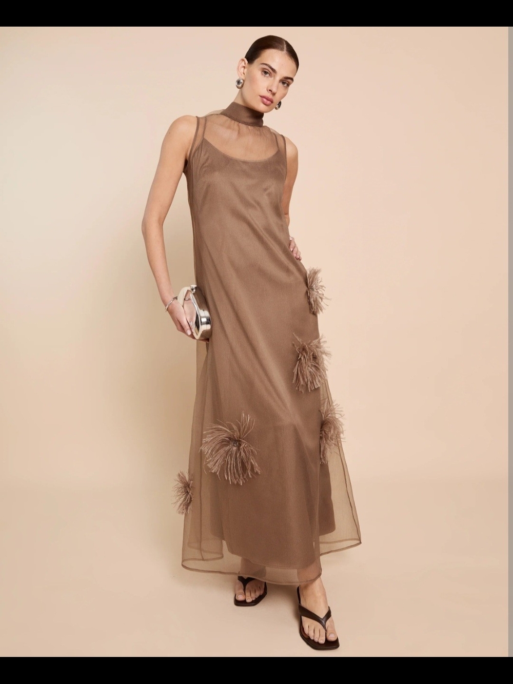 O.P.T. Naia Elegant Oatmeal Feather-Trim Maxi Dress